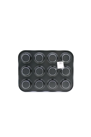 12 Gözlü Metal - Siyah Düz Muffin - Kek Kalıp 5523 12v