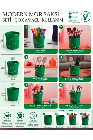 2 Li Seramik Saksı Kalemlik,fırçalık,masa Organizeri / Modern Dekoratif El Yapımı Tasarım Yeşil