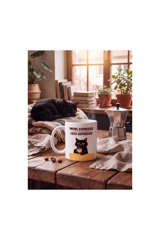 Less Depresso Yazılı Kupa Bardak Komik Kedi Tasarımlı Baskılı Porselen Hediye Kupa Bardak Beyaz