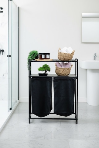 Banyo/çamaşır Odası İçin 2 Raflı, 2 Bölmeli Metal Çamaşır Sepeti Ve Düzenleyici Raf Ünitesi - Siyah Siyah
