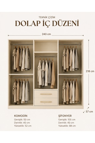 Free Home Parla Kum Beji Mdf Gardırop Elbise Dolabı 240x218x57 Kumbeji