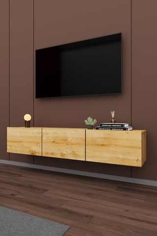 Modern Duvara Monte Tv Ünitesi %100 Mdf Kapaklı Televizyon Sehpası T-27 Safir Meşe Safirmeşe