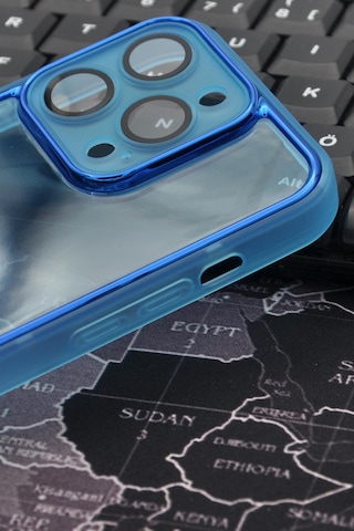 Apple Uyumlu iPhone 14 Pro Mavi Kenarlı Renkli Yarı Şeffaf Kapak Kılıf Kamera Lens Korumalı Mavi