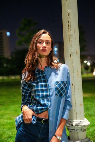 Kadın Ekoseli Düşük Omuzlu Gömlek Frn1114 Mavi