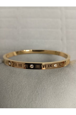 Romen Rakam Zirkon Taşlı Gold Renk Kelepçe Bileklik Gold