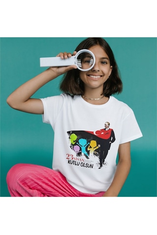 Alpşan Ticaret 23 Nisan Tişört 23 Nisan T-shirt Beyaz Çocuk Yetişkin Tişört Unisex T-shirt Çocuk Bayramı 52 Beyaz