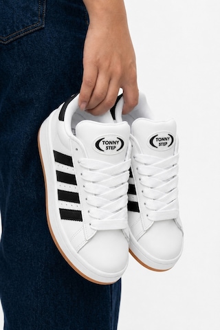 Tonny Step Unisex Günlük Bağcıklı Ortopedik Spor Ayakabı Sneaker Ayakkabı Beyaz-siyah Çizgi