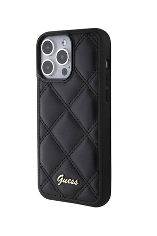 Apple Uyumlu iPhone 15 Pro Max Kılıf Guess Lisanslı Pu Deri Metal Yazı Logolu Kapitone Kapak Siyah
