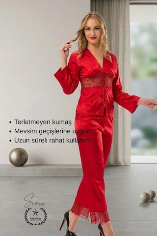 Svein Pijama Kırmızı Saten Kadın Pijama Takımı Rahat Ev Giyim Günlük Ve Çeyizlik Nefes Alabilen Yumuşak Kırmızı