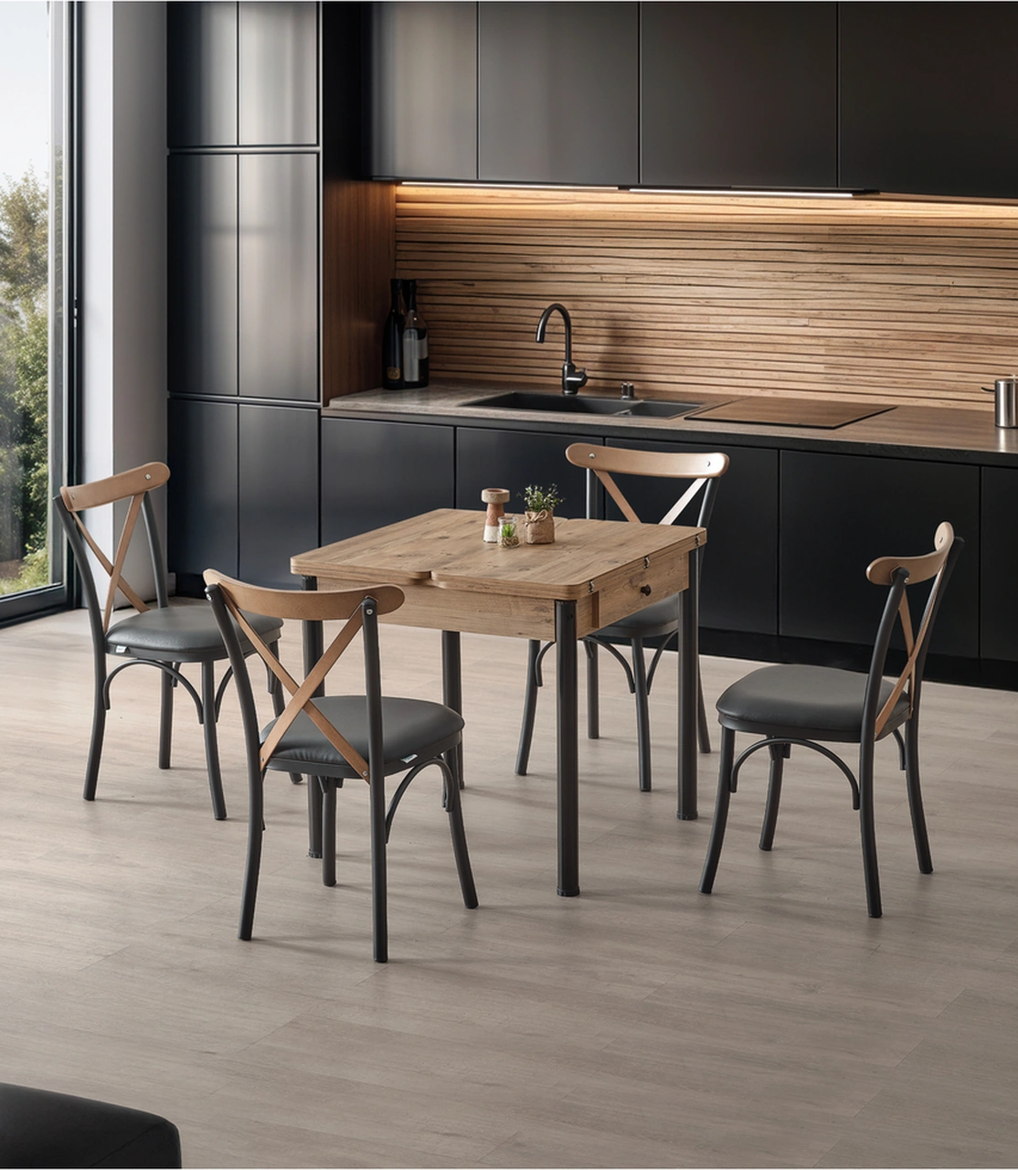 Dengema Neva 20 Masa Takımı Açılır Kapanır Masa, 4 Sandalyeli, Atlantik/siyah, Ceviz Ahşap Detaylı Ceviz