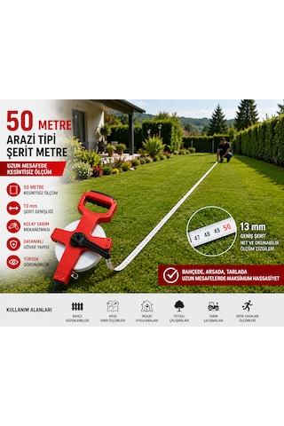 50 Metre Arazi Tipi Şerit Metre 13 Mm Beyaz Şerit Arsa, Bahçe, Tarla Ve Şantiye Ölçüm Metresi 50 M