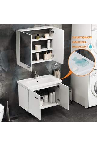 Aqua Bagno Basic Alt Dolap + Üst Dolap -lavabo Dahil-beyaz ,80 Cm. 3 Parça Beyaz