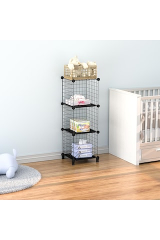 Dekoratif Tel Kafes Tasarımlı 3 Bölmeli Raf - Çok Amaçlı Tel Dolap Siyah