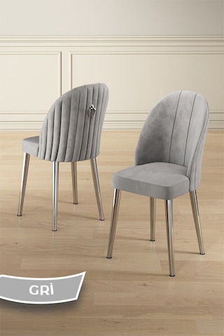 Canisa Pem Serisi 90x160 Lak Panel Beyaz Mermer Desen Krom Ayak Masa Takımı 6 Gri Sandalye Beyaz Mermer Desen Masa Sandalyeler Gri