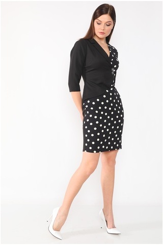 Etselements Kadın Siyah Puantiyeli Kruvaze Ve Düğmeli Ofis Elbise Siyah