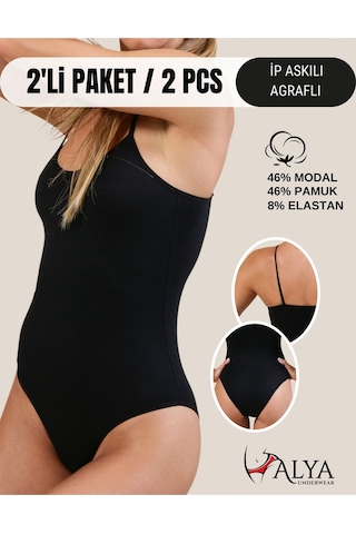 Alya Underwear Kadın Ip Askılı Çıtçıtlı Body, Modal - Pamuk Karışımlı, Kancalı , 2'li Paket, Siyah Beyaz