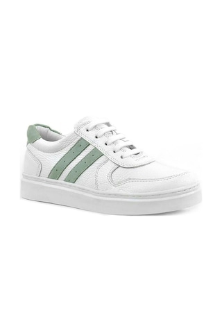 Rakerplus Hakiki Deri Beyaz Yeşil Bağcıklı Fermuarlı Çocuk Sneaker Beyaz