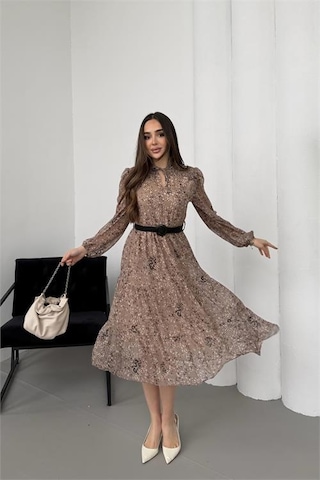 Neşeli Butik Kadın Bej Dik Yaka Bağlama Detaylı Şifon Kumaş Uzun Kol Midi Elbise Nbelb01 Bej