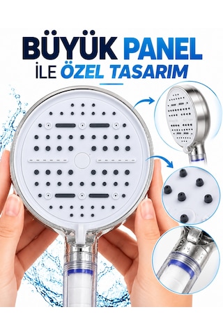 Modern Tasarımlı 6 Modlu Filtreli Duş Başlığı Büyük Panel Metalik Beyaz Duş Atı Çok Renkli