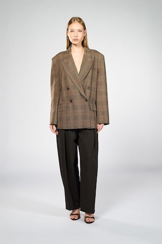 Kadın Kahverengi Ekoseli Oversize Blazer Kahverengi