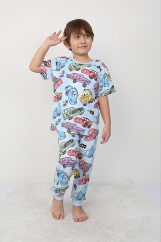 Bunny Hopp Erkek Çocuk Araba Desenli Pijama Takımı Rahat Ve Şık %100 Pamuklu Uyku Seti Mavi - Gri