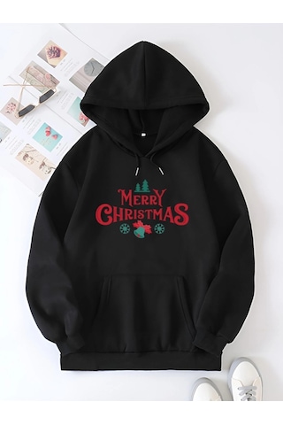 Primemagazam Yılbaşı Merry Christmas Baskılı Oversize Kapüşonlu Sweatshirt Hoodie - Siyah Çeşitli