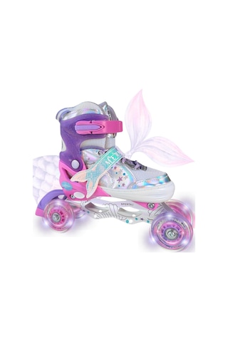 Deniz Kızı Işıklı Kız Çocuk Pateni Silikon Teker Ayarlanabilir Paten Taşıma Çantalı Pembe Lila Pembe