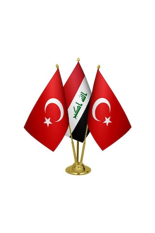 Masa Üstü Irak Bayrağı Türk Bayrağı Üçlü Pirinç Direk Masa Bayrak