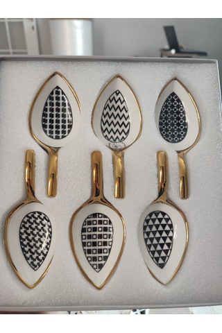 Dekoratif 6'lı Porselen Kahve Yanı Lokumluk Seti Gold Kenarlı Lokum Ve Çikolata Sunumluğu 19 X 8 Cm