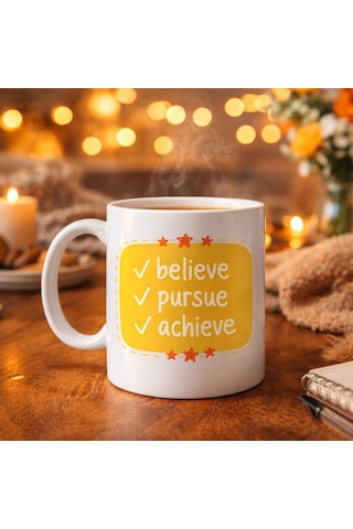 Northcity Believe Pursue Achieve Yazılı Porselen Kupa Model 124 Motive Edici Tasarım, İlham Veren Kahve & Çay Kupası, Özel Hediye Sarı