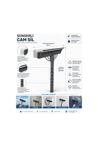 Çift Taraflı Süngerli Cam Sil Aparatı 22 Cm Çekçekli Temizlik Aleti Ergonomik Saplı Pencere Duşakabin Ayna Araç Camı Fayans Mermer Parlak Yüzeyler İçin İz Bırakmayan Pratik Silme Ekipmanı Çok Renkli