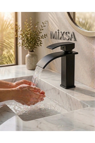 Mat Siyah Lavabo Bataryası - Şelale Akışlı Modern Banyo Musluğu Sabit Lavabo Çift Su Girişli