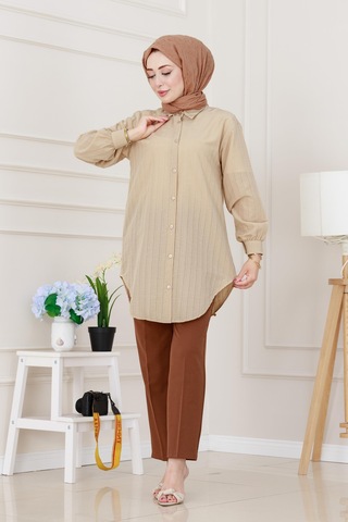 Sevitli Göğüsü Taş Detaylı Oversize Tunik-bej-5226 Bej