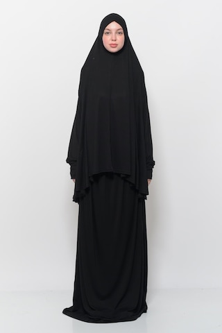 Pratik 2 Parça Pamuklu Yarasa Kollu Başörtülü Tesettür Namaz Elbisesi Siyah Antrasit