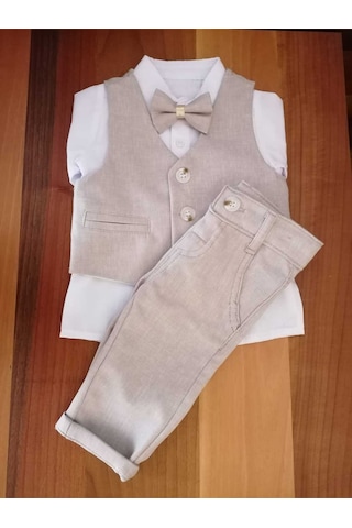 Concept Kids Papyonlu Yelekli Bej 4'lü Klasik Erkek Bebek Takım Özel Gün Kıyafeti Düğün Bebek Hediyesi