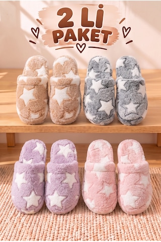 Stwenn 2'li Karma Erkek Kadın Avantajlı Paket Peluş Ev Terliği Kapalı Burun Arkası Açık Sıcak Rahat Panduf 2 Li Yıldız Terlik