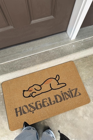 Coco Entry Ps028a Köpekli Hoşgeldiniz Desen Kalın Kaymaz Taban Nem Alıcı Şık Kapı Önü Paspası Hardal