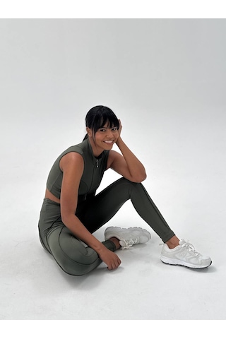 Dikişle Modellenmiş Spor Tayt Haki Yeşili