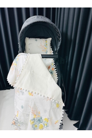 Carmen 90 100 Çift Katlı Pikeli Müslin Battaniye Yastık Ve Alt Açma 3lü Set - Krem Krem