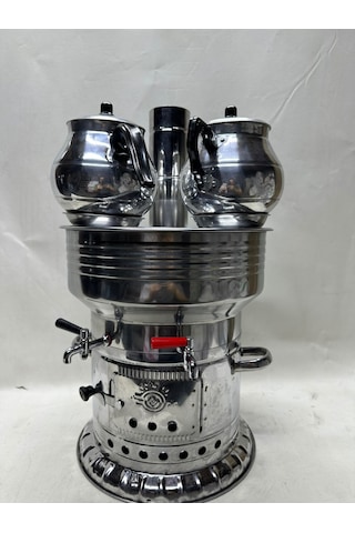 12 Litre Çift Musluklu Semaver + 2 Adet Büyük Demlik Hediyeli Krom