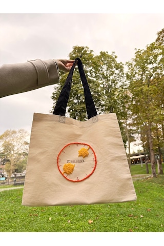 Bolergıashop Fall O'clock Tasarım Canvas Omuz Çantası Bej