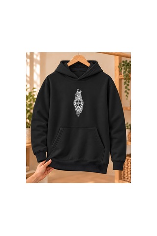Mor Mürekkep Uluyan Bozkurt Ve Dairesel Tamga Baskılı Kapüşonlu Sweatshirt - Siyah