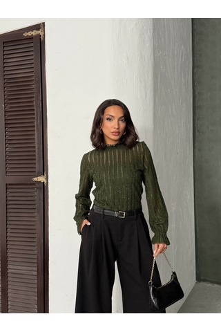 Verymoda Simli Sakallı Bluz F1852 Haki