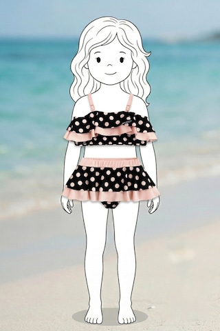 Zuzunga Puantiye Desenli Fırfırlı Siyah Renk Kız Çocuk Etekli Bikini Takımı