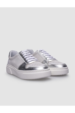 %100 Hakiki Deri Beyaz - Gri Kadın Sneaker Beyaz