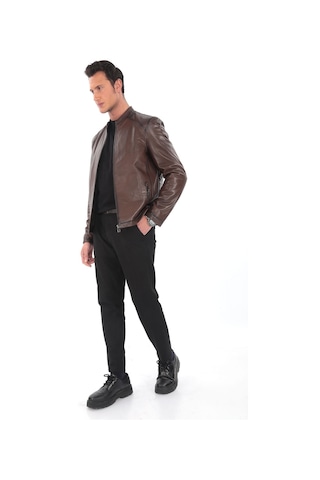 Newzaya Hakiki Deri Slim Fit Erkek Ceket Kahverengi Kahverengi