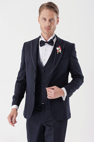İmza Koyu Lacivert Desenli Armürlü Çıkarılabilir Mono Yaka Yelekli 6 Drop Slim Fit Smokin Damatlık Takım 1001230202-Koyu Lacivert