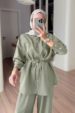 Ka Hijab Bağcıklı Bluz Pantolon Takım - Yeşil