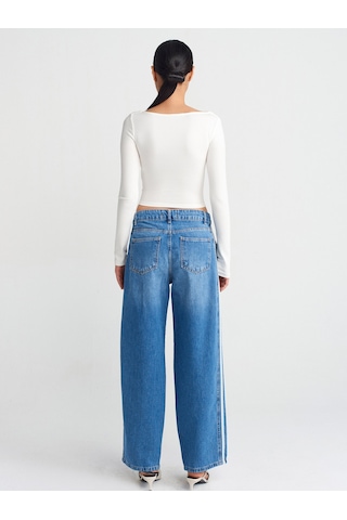 Dilvin 71755 Yanı Şeritli Balon Denim Pantolon Mavi