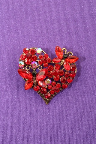 Kelebekli Kalp Broş. Kırmızı Yakut Taşlı Kelebekli Kalp Yaka İğnesi Broş. Kadın Kalpli Kelebek Broş Çok Renkli
